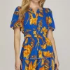 Full Size Printed Notched Short Sleeve Frill Tiered Dress Plus Size - Royal Blue