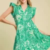 Full Size Printed Ruffle Cap Sleeve Babydoll Dress Plus Size - Green