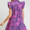Full Size Printed Ruffle Cap Sleeve Babydoll Dress Plus Size - Navy/Pink