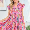 Full Size Printed Ruffle Cap Sleeve Tiered Dress - Multi