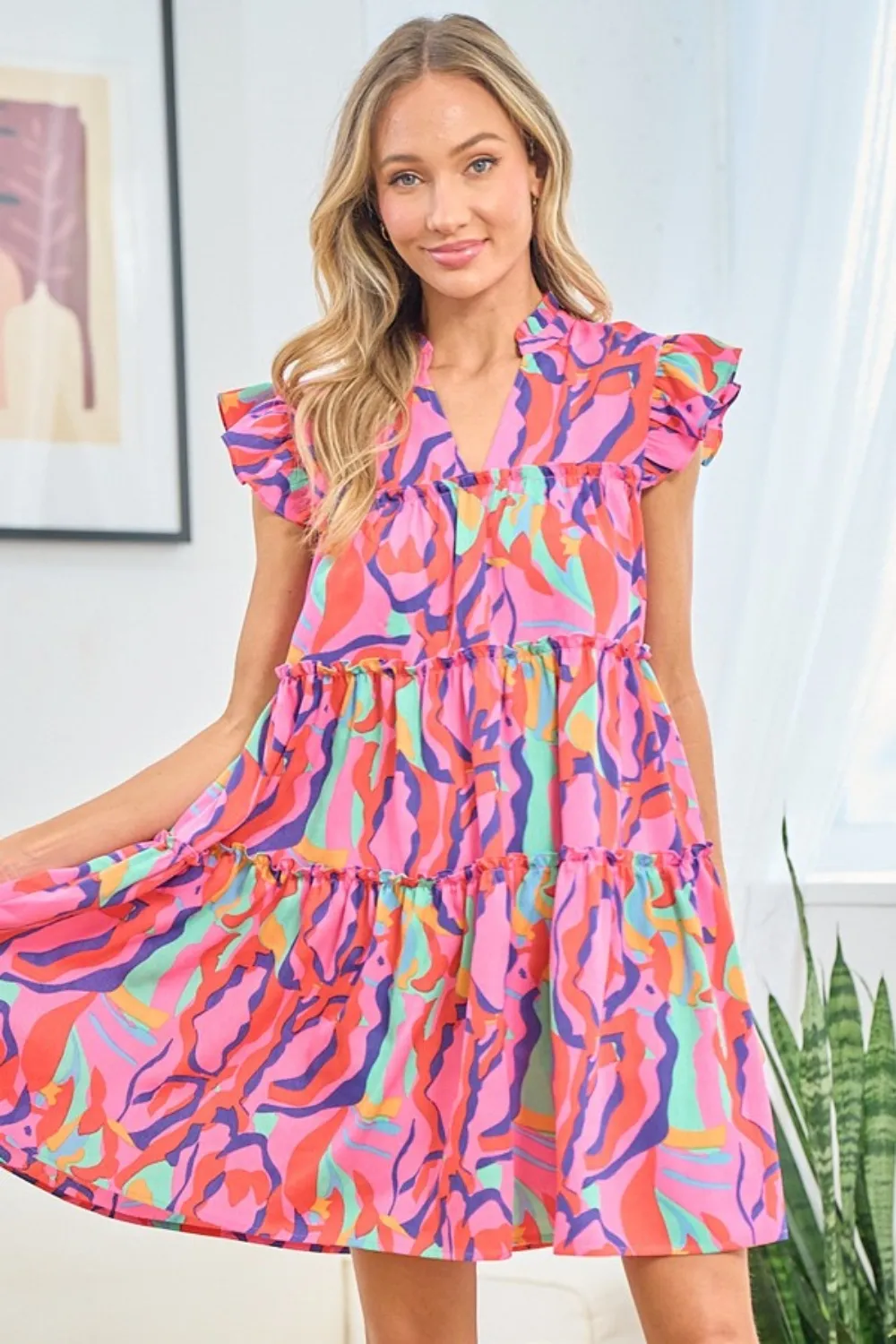 Full Size Printed Ruffle Cap Sleeve Tiered Dress - Multi
