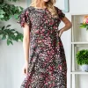 Full Size Printed Ruffled Short Sleeve Dress with Pockets - Black