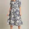 Full Size Printed Smocked Cuff Puff Sleeve Midi Dress Plus Size - Dark Blue