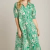 Full Size Printed Smocked Cuff Puff Sleeve Midi Dress Plus Size - Green