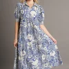 Full Size Printed Smocked Cuff Puff Sleeve Midi Dress Plus Size - Royal Blue