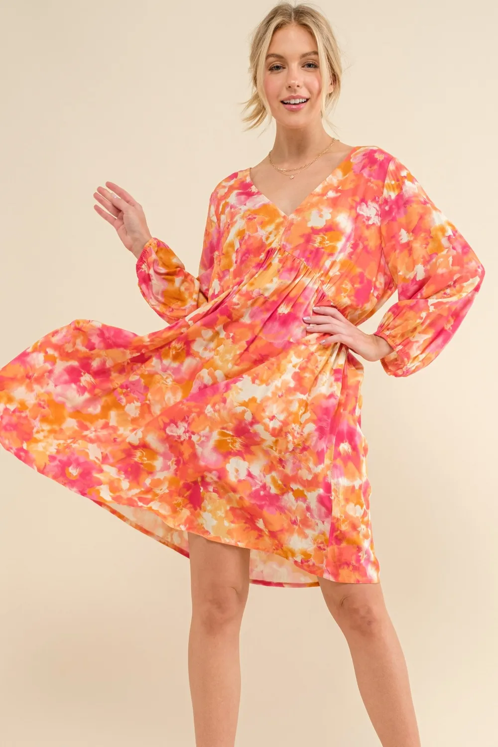 Full Size Printed Tie Back Long Sleeve Dress - Orange Multi