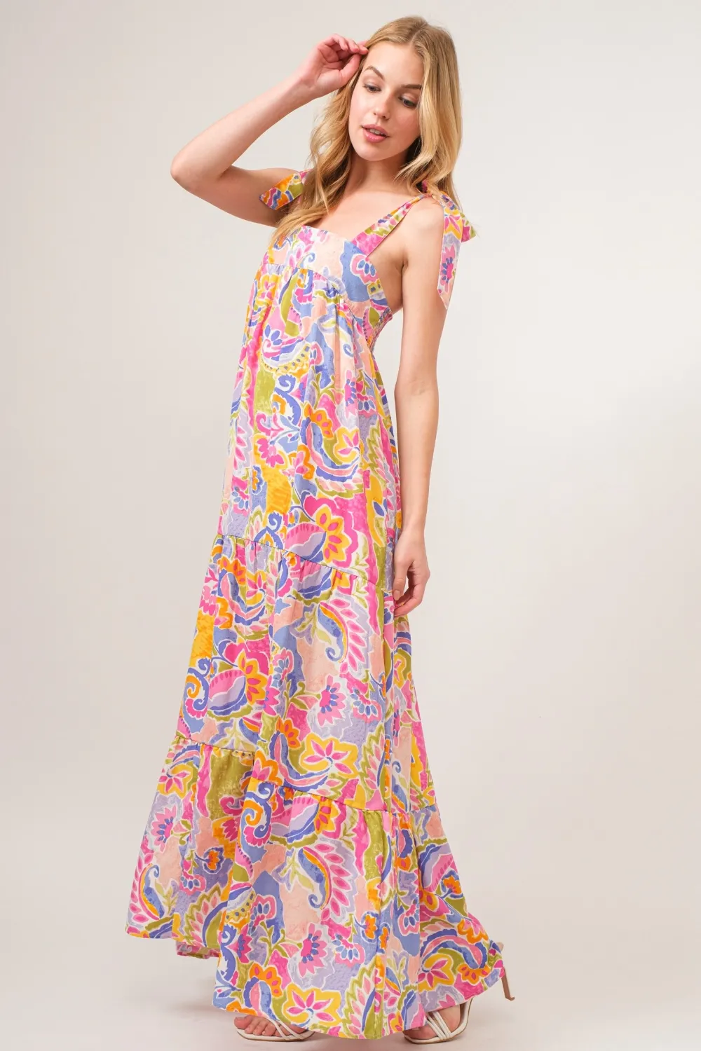 Full Size Printed Tie Shoulder Tiered Maxi Dress - Multicolor