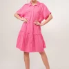 Full Size Raw Edge Washed Tiered Shirt Dress - Pink
