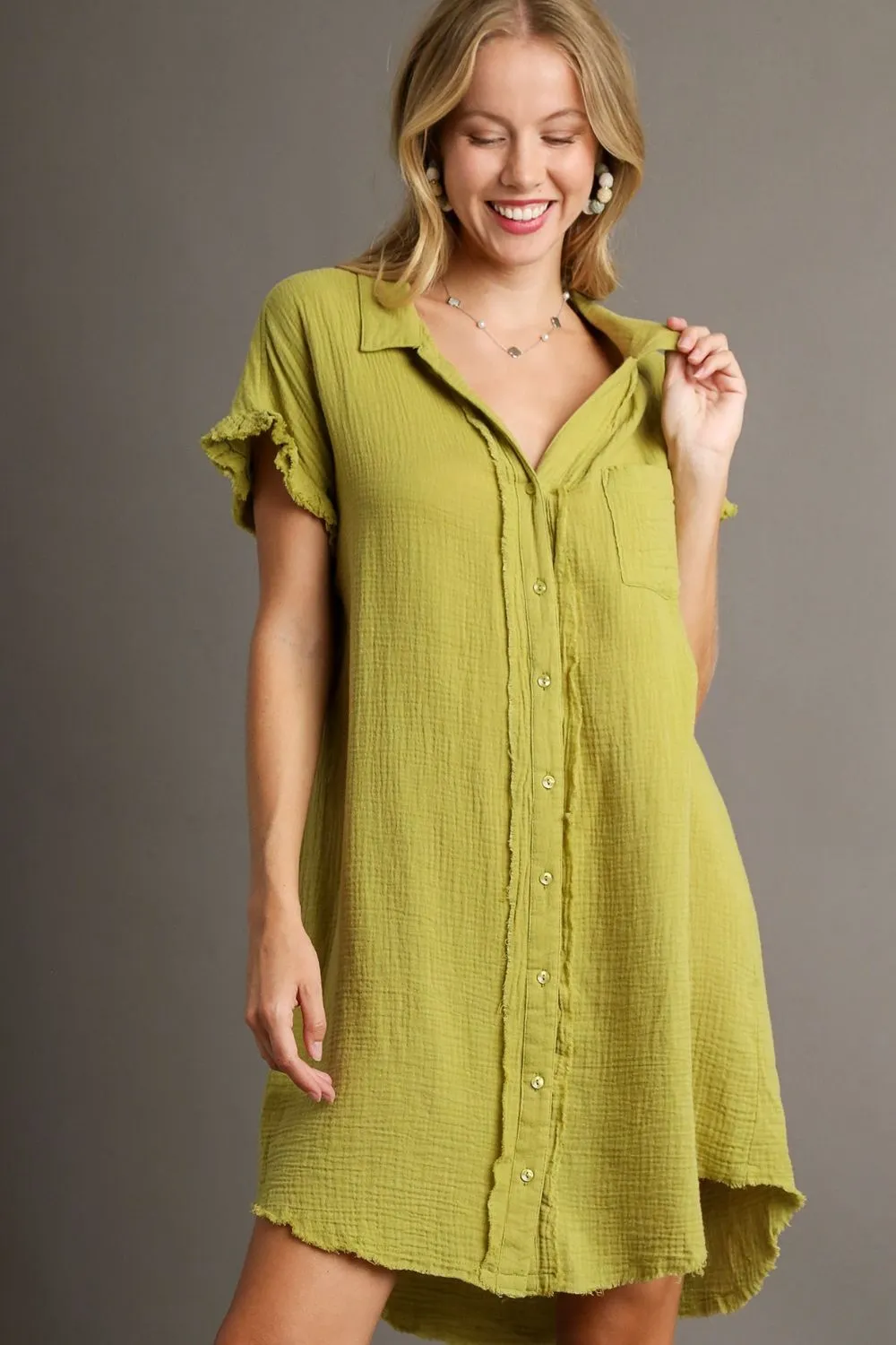 Full-Size-Raw-Hem-Button-Down-Short-Sleeve-Gauze-Shirt-Dress-Plus-Size-Yellow-Green-1