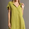 Full Size Raw Hem Button Down Short Sleeve Gauze Shirt Dress Plus Size - Yellow-Green