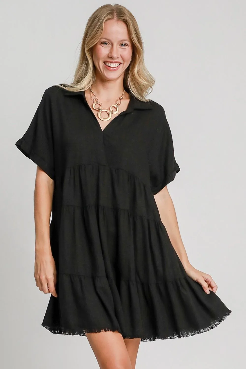 Full Size Raw Hem Folded Sleeve Tiered Dress Plus Size - Black