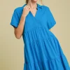 Full Size Raw Hem Folded Sleeve Tiered Dress Plus Size - Blue