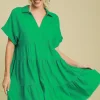 Full Size Raw Hem Folded Sleeve Tiered Dress Plus Size - Green