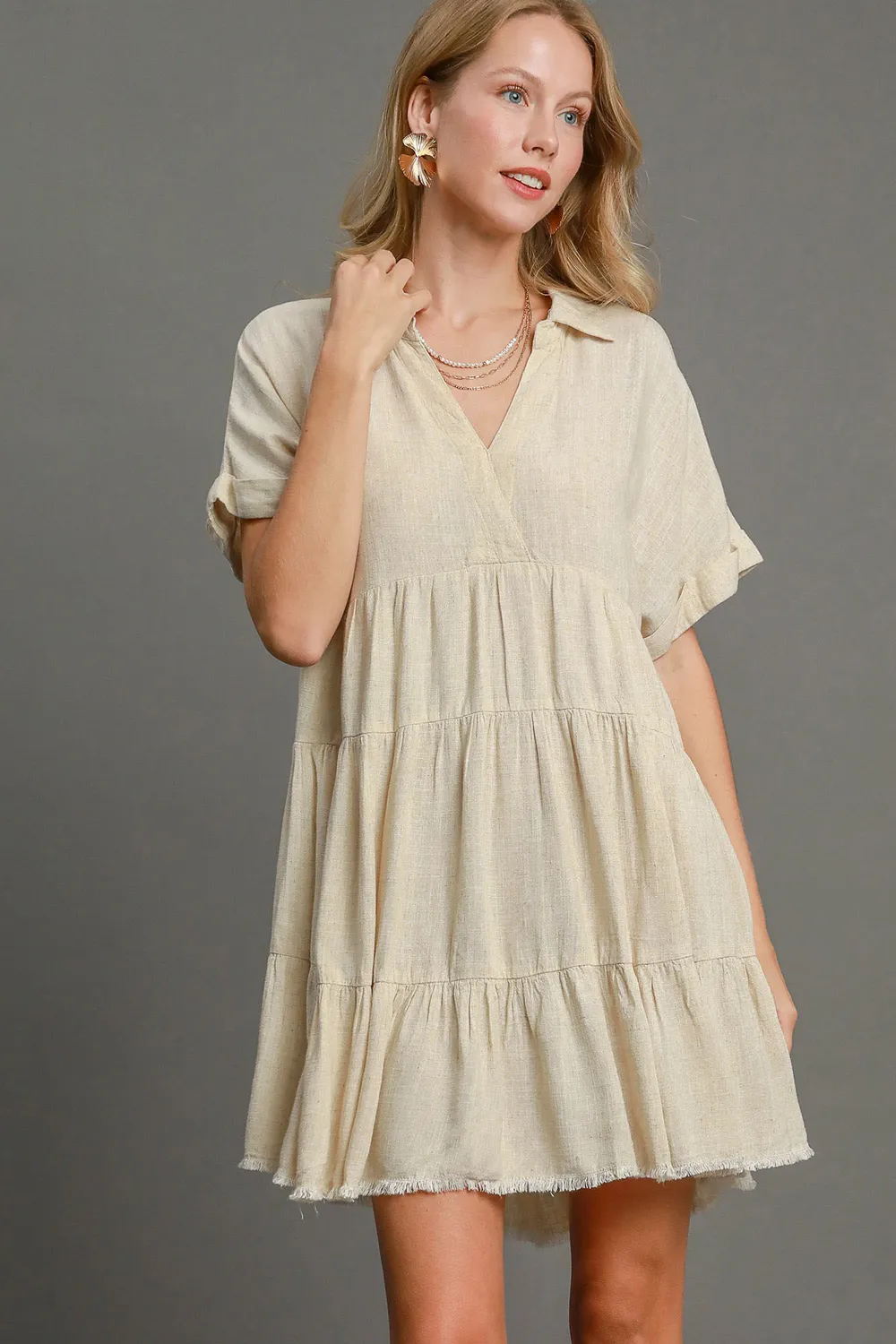 Full Size Raw Hem Folded Sleeve Tiered Dress Plus Size - Oatmeal