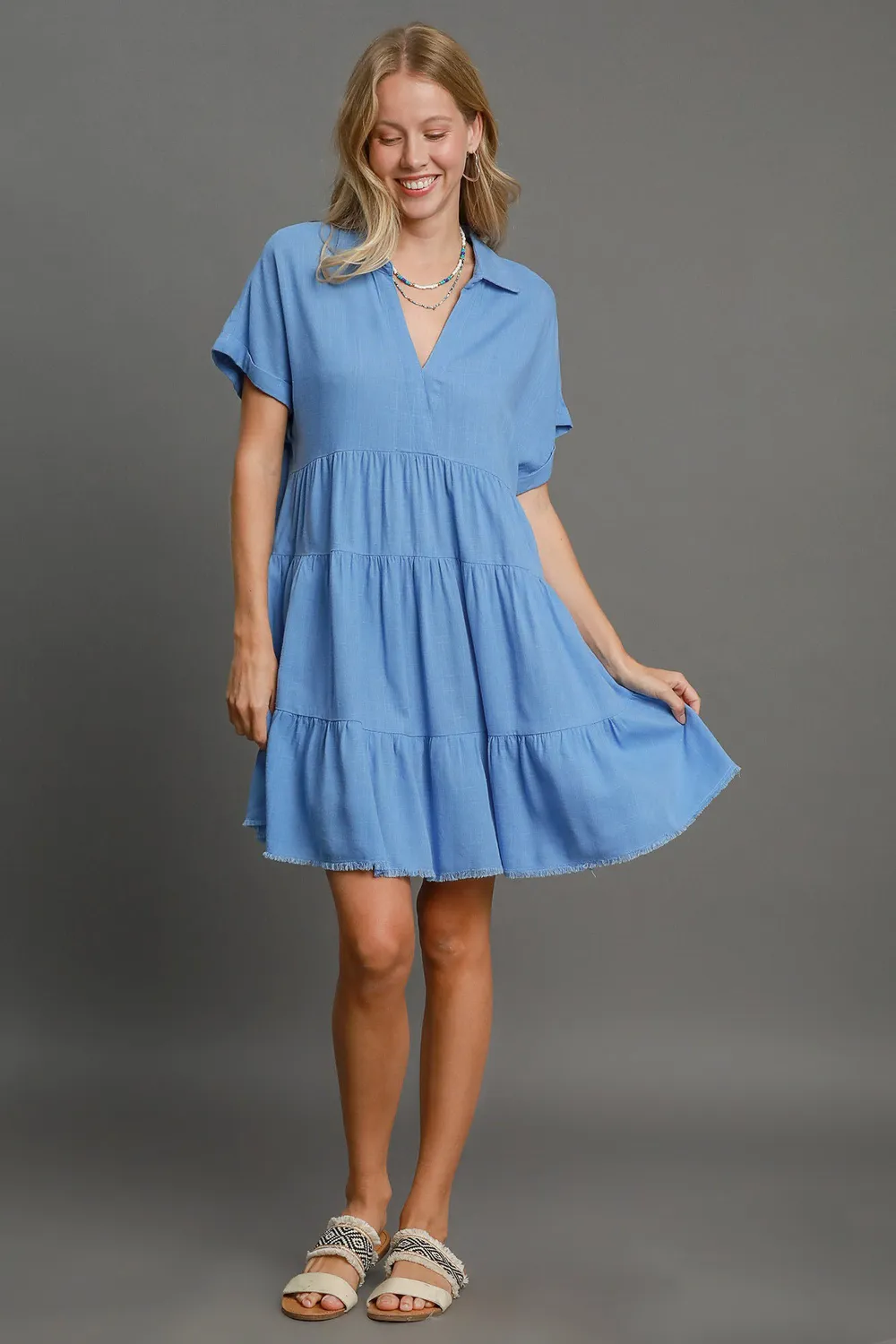 Full Size Raw Hem Folded Sleeve Tiered Dress Plus Size - Sky Blue