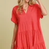 Full Size Raw Hem Folded Sleeve Tiered Dress Plus Size - Strawberry