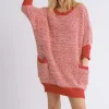 Full Size Ribbed Hem Round Neck 3/4 Sleeve Sweater Dress with Pockets Plus Size - Scarlet