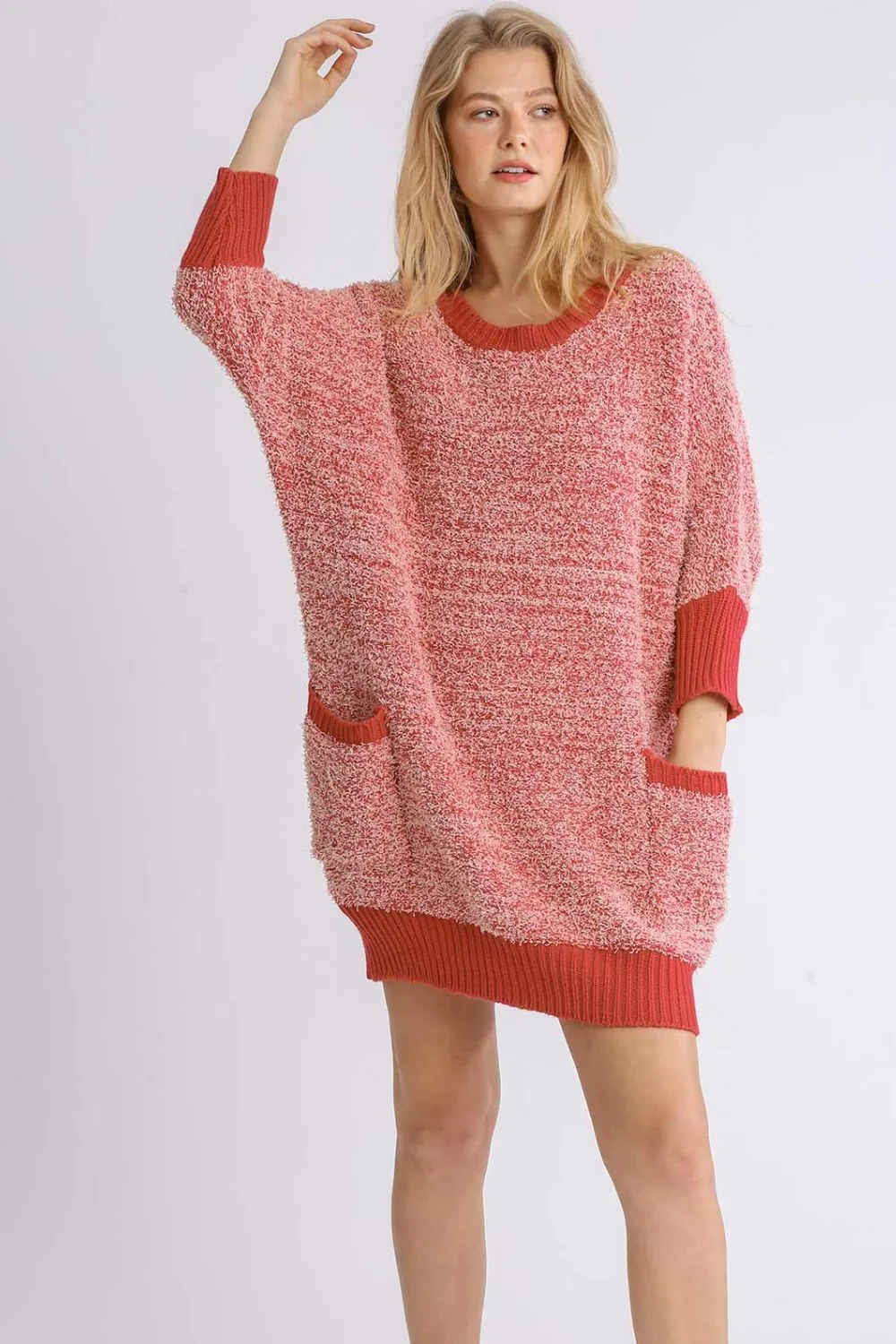 Full Size Ribbed Hem Round Neck 3/4 Sleeve Sweater Dress with Pockets Plus Size - Scarlet