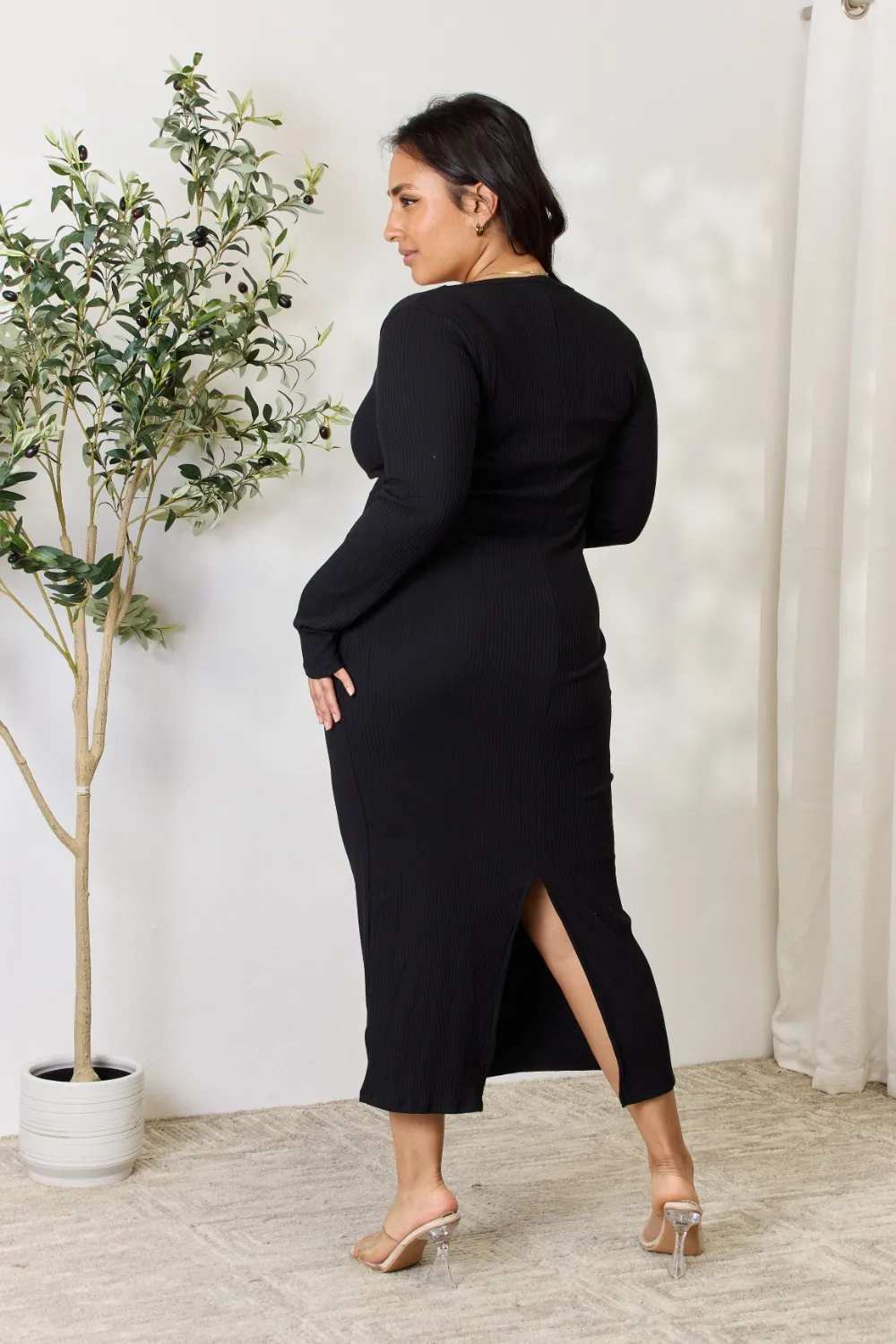 Full-Size-Ribbed-Long-Sleeve-Midi-Slit-Dress-Black-2