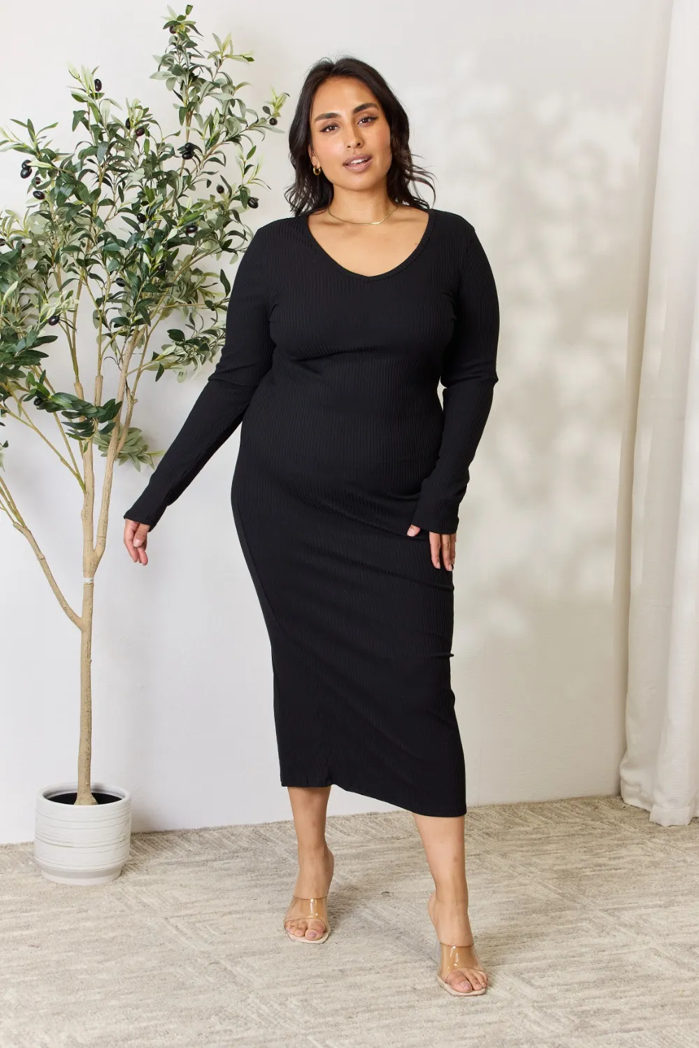 Full-Size-Ribbed-Long-Sleeve-Midi-Slit-Dress-Black-3