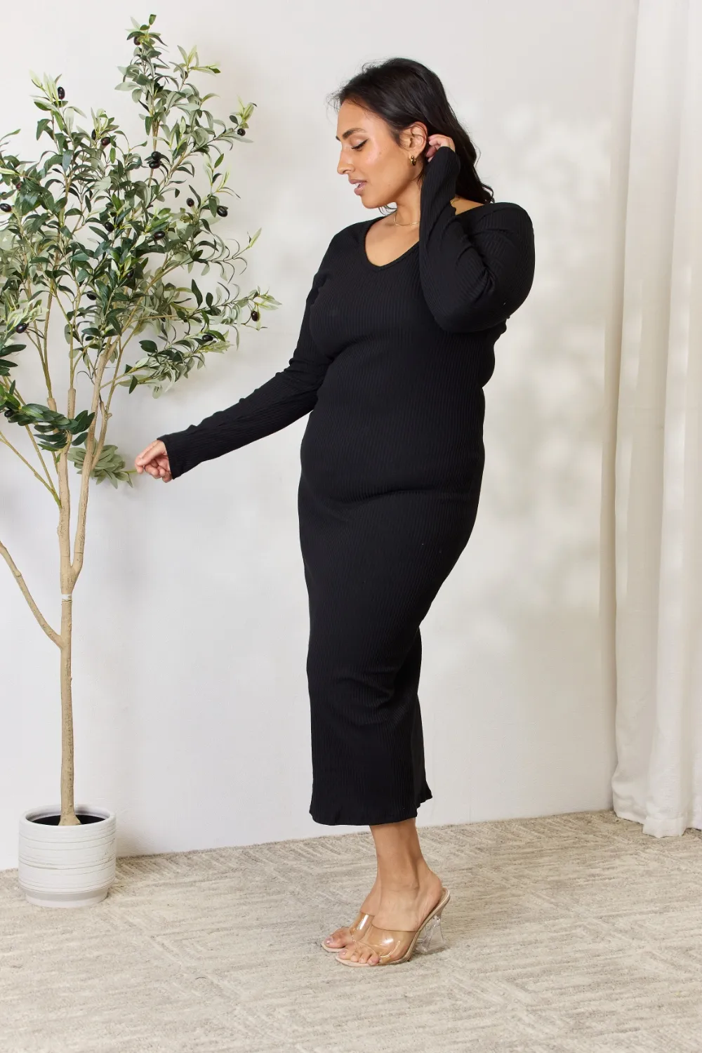 Full-Size-Ribbed-Long-Sleeve-Midi-Slit-Dress-Black-4