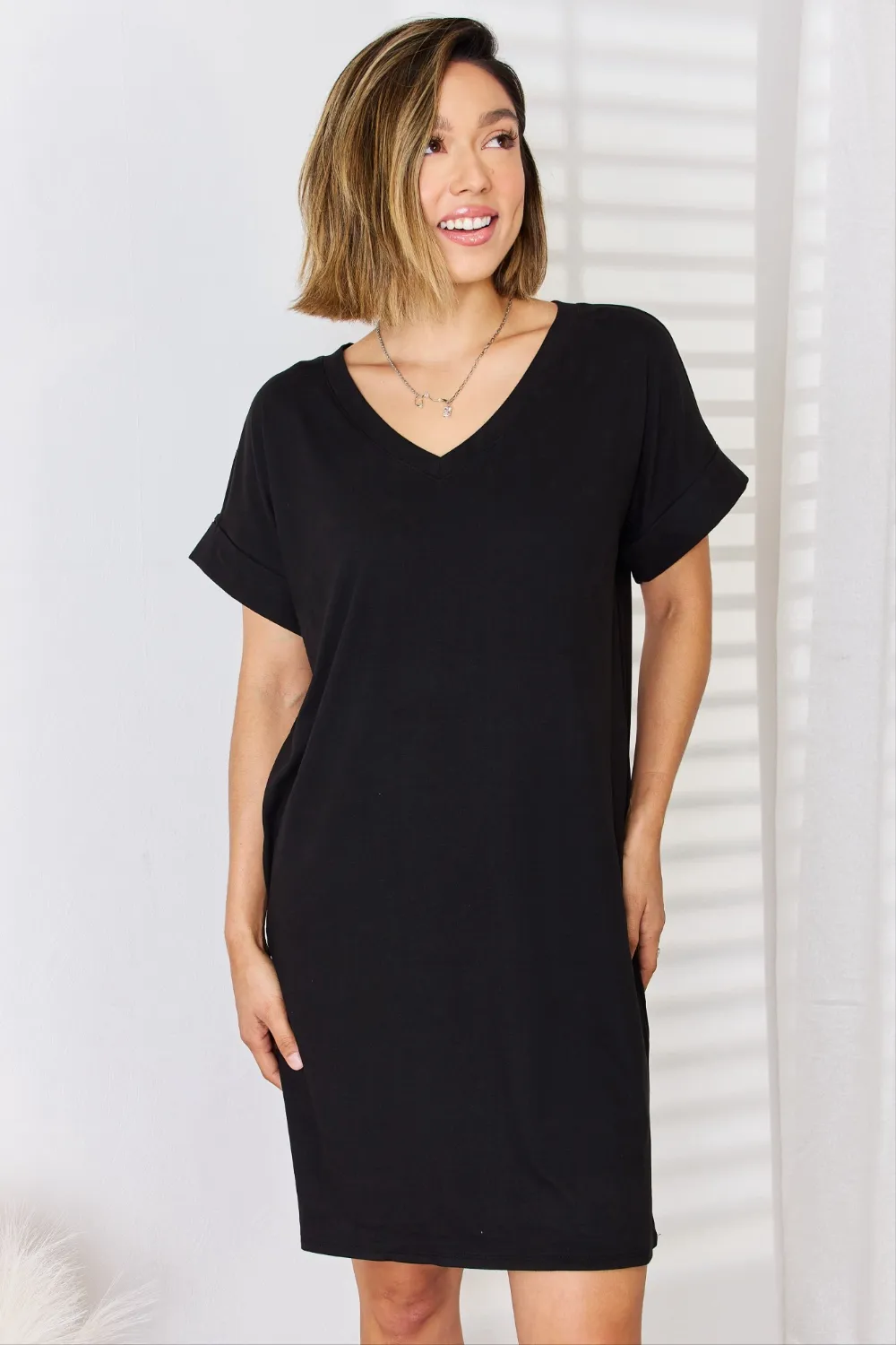 Full Size Rolled Short Sleeve V-Neck Dress - Black