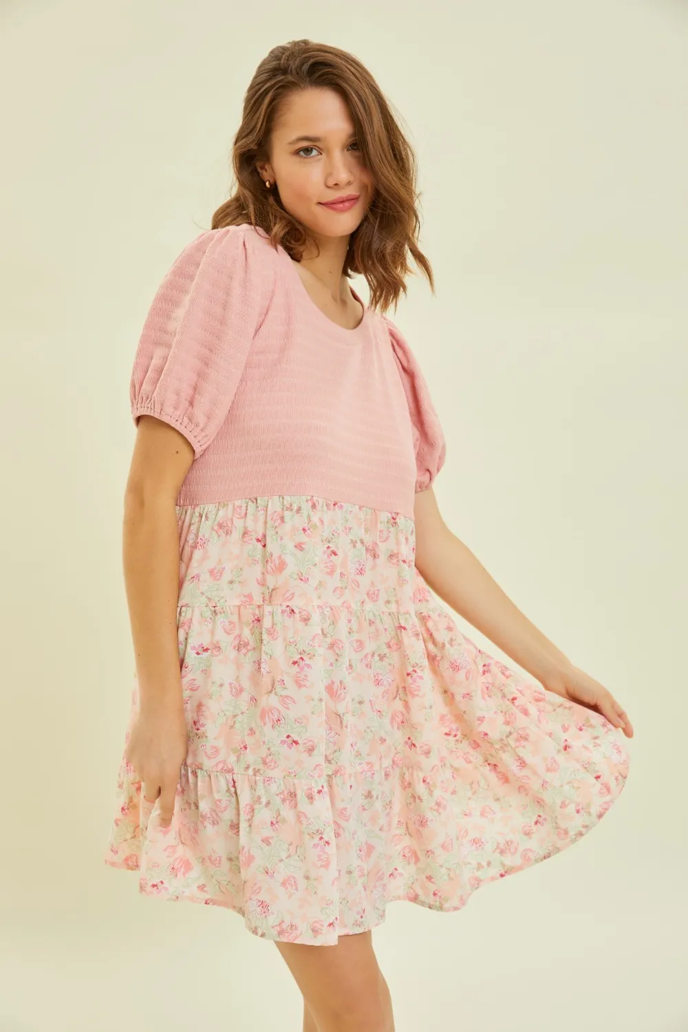 Full Size Round Neck Floral Ruffle Hem Mini Dress - French Rose