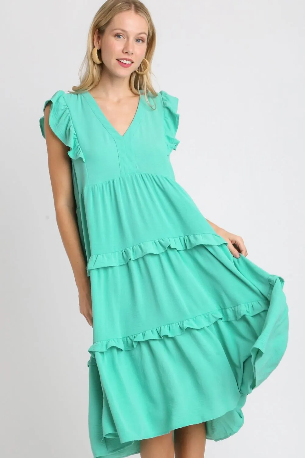 Full Size Ruffle Tiered Cap Sleeve Midi Dress Plus Size - Emerald