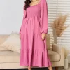 Full Size Ruffle Trim Smocked Tiered Dress - Medium Rose