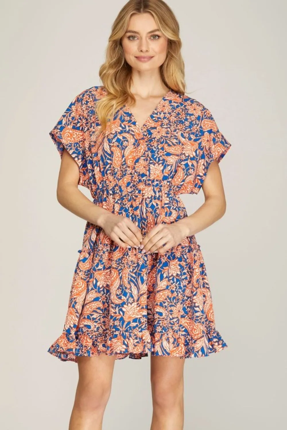 Full Size Ruffled Hem Printed Surplice Kimono Sleeve Mini Dress Plus Size - Royal Blue