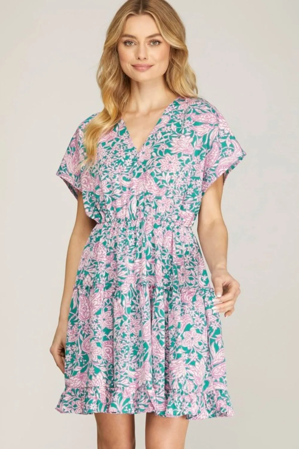 Full Size Ruffled Hem Printed Surplice Kimono Sleeve Mini Dress Plus Size - Turquoise