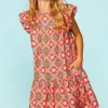 Full Size Ruffled Printed Dress with Side Pockets - Coral