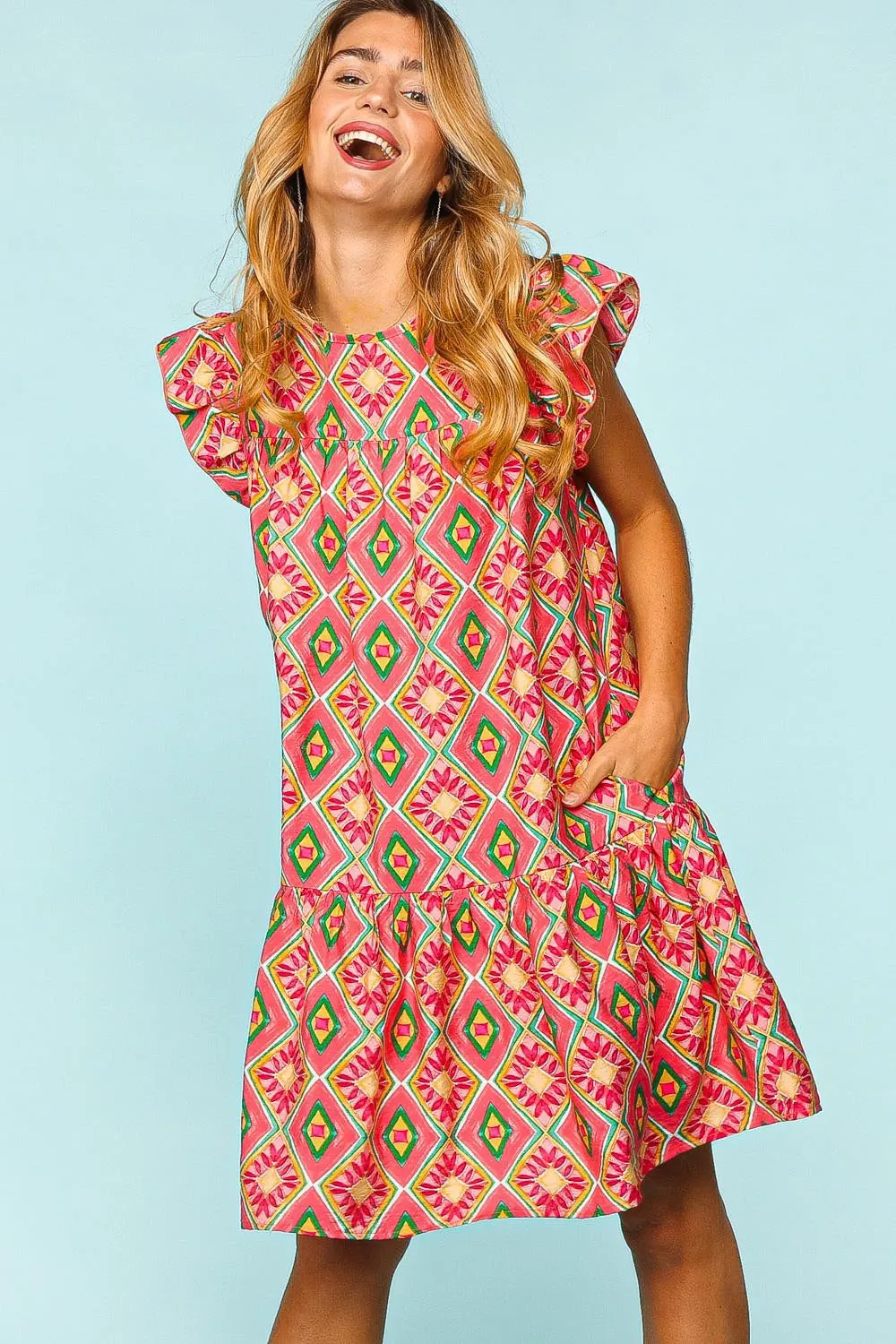 Full Size Ruffled Printed Dress with Side Pockets - Coral