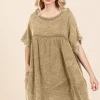 Full Size Short Sleeve Babydoll Texture Dress with Pockets - Iced Coffee