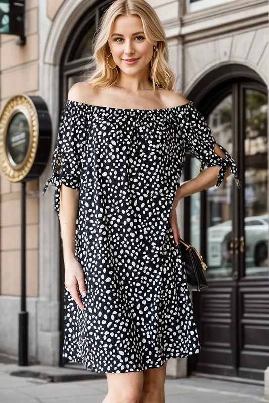 Full Size Short Sleeve Off Shoulder Animal Mini Dress Plus Size - Black/Ivory