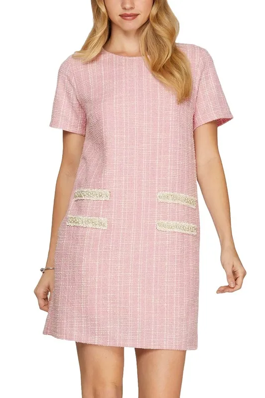 Full Size Short Sleeve Pearl Studded Trim Knit Tweed Dress Plus Size - Blush Pink