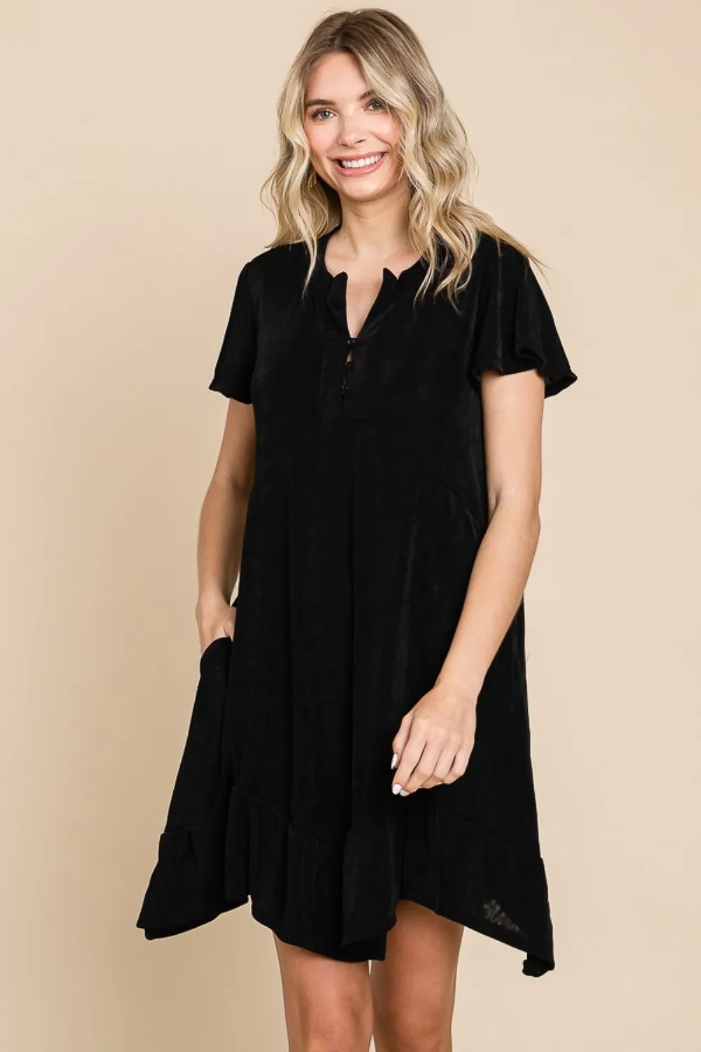 Full Size Short Sleeve Ruffled Asymmetric Hem Dress - Black