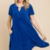 Full Size Short Sleeve Ruffled Asymmetric Hem Dress - Royal