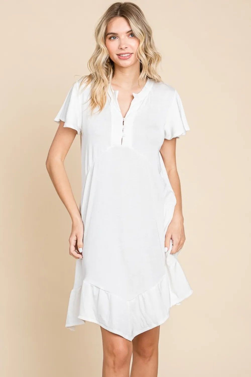 Full Size Short Sleeve Ruffled Asymmetric Hem Dress - Soft White