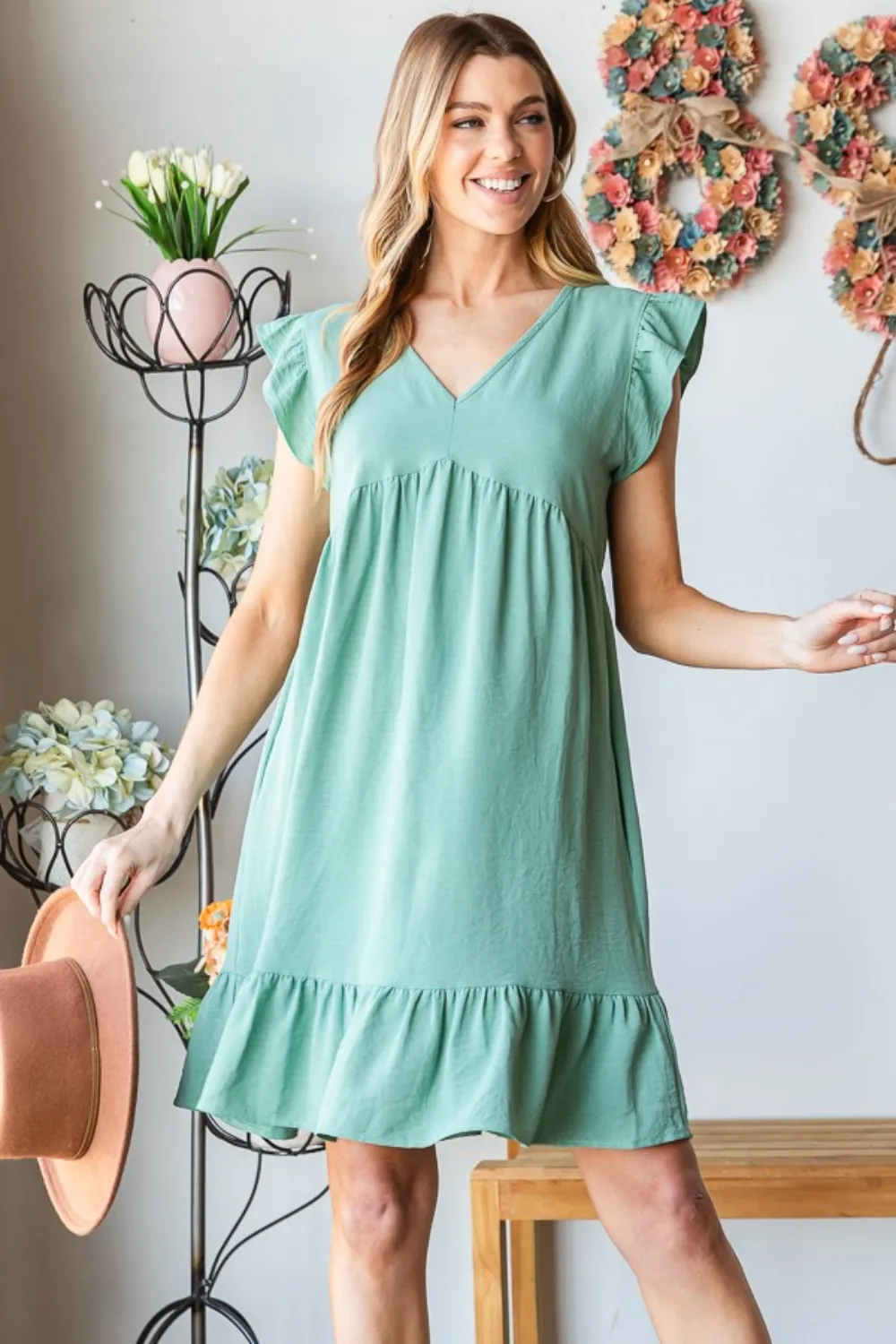 Full Size Short Sleeve V Neck Ruffled Hem Dress - Dusty Sage