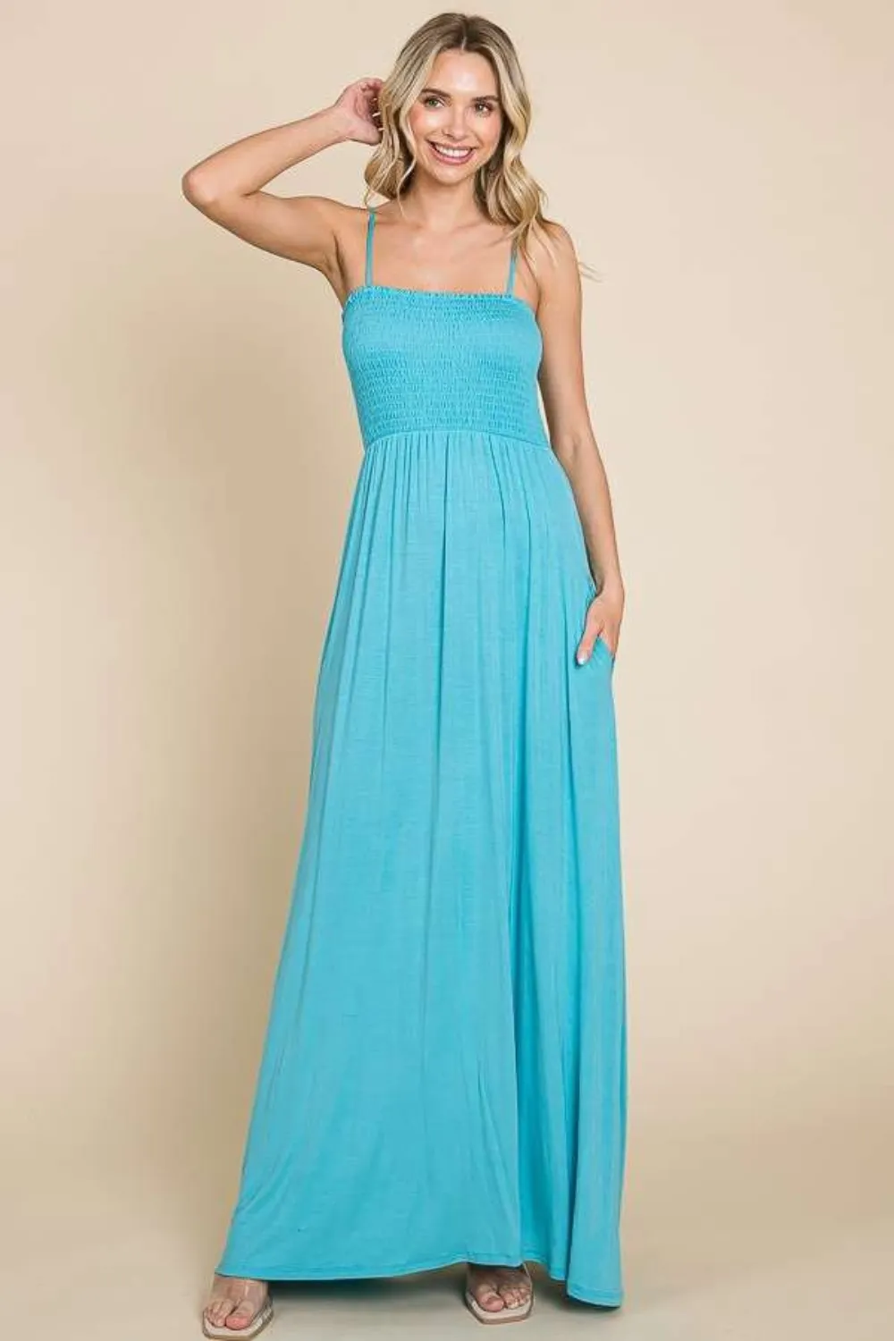 Full Size Smocked Cami Maxi Dress with Pockets - Pastel Teal