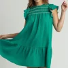Full Size Smocked Contrast Stitching Ruffle Cap Sleeve Round Neck Dress Plus Size - Jade Green