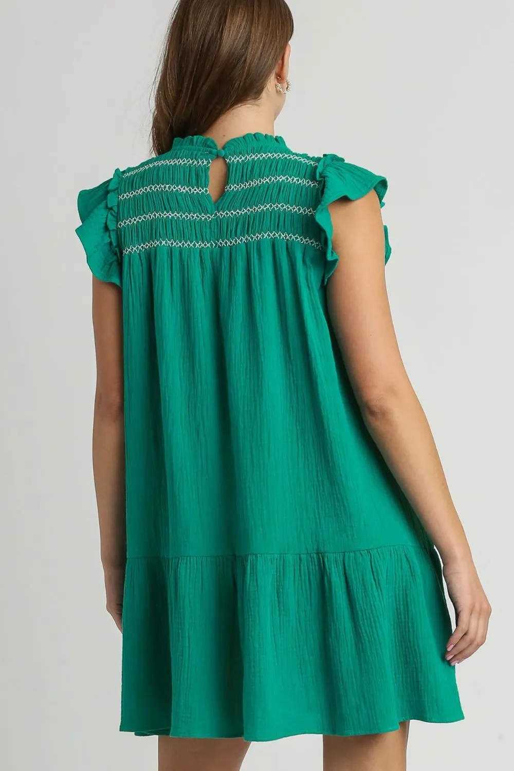Full-Size-Smocked-Contrast-Stitching-Ruffle-Cap-Sleeve-Round-Neck-Dress-Plus-Size-Jade-Green-2