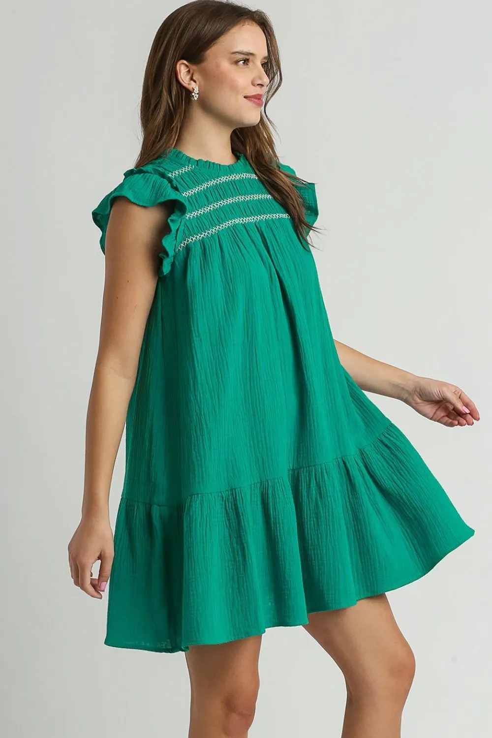 Full-Size-Smocked-Contrast-Stitching-Ruffle-Cap-Sleeve-Round-Neck-Dress-Plus-Size-Jade-Green-3