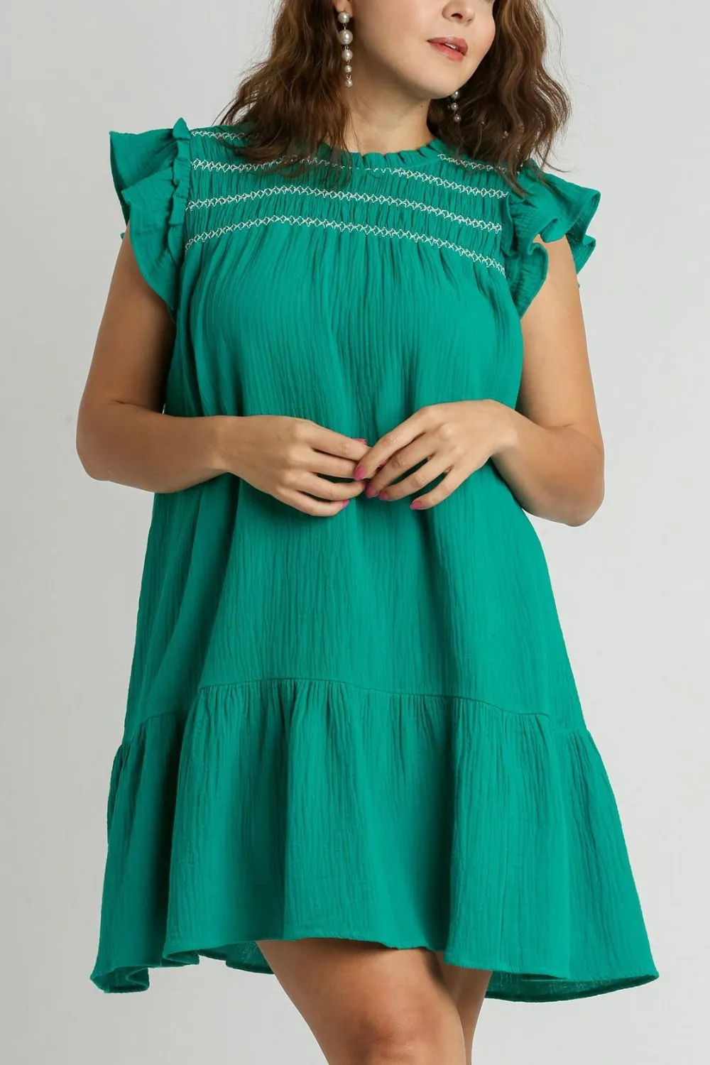 Full-Size-Smocked-Contrast-Stitching-Ruffle-Cap-Sleeve-Round-Neck-Dress-Plus-Size-Jade-Green-4