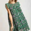 Full Size Smocked Detail Floral Metallic Ruffle Cap Sleeve Dress Plus Size - Dark Green