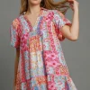 Full Size Smocked Floral Puff Sleeve Mini Dress Plus Size - Pink Mix