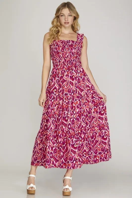 Full Size Smocked Printed Wide Strap Tiered Dress Plus Size - Deep Rose