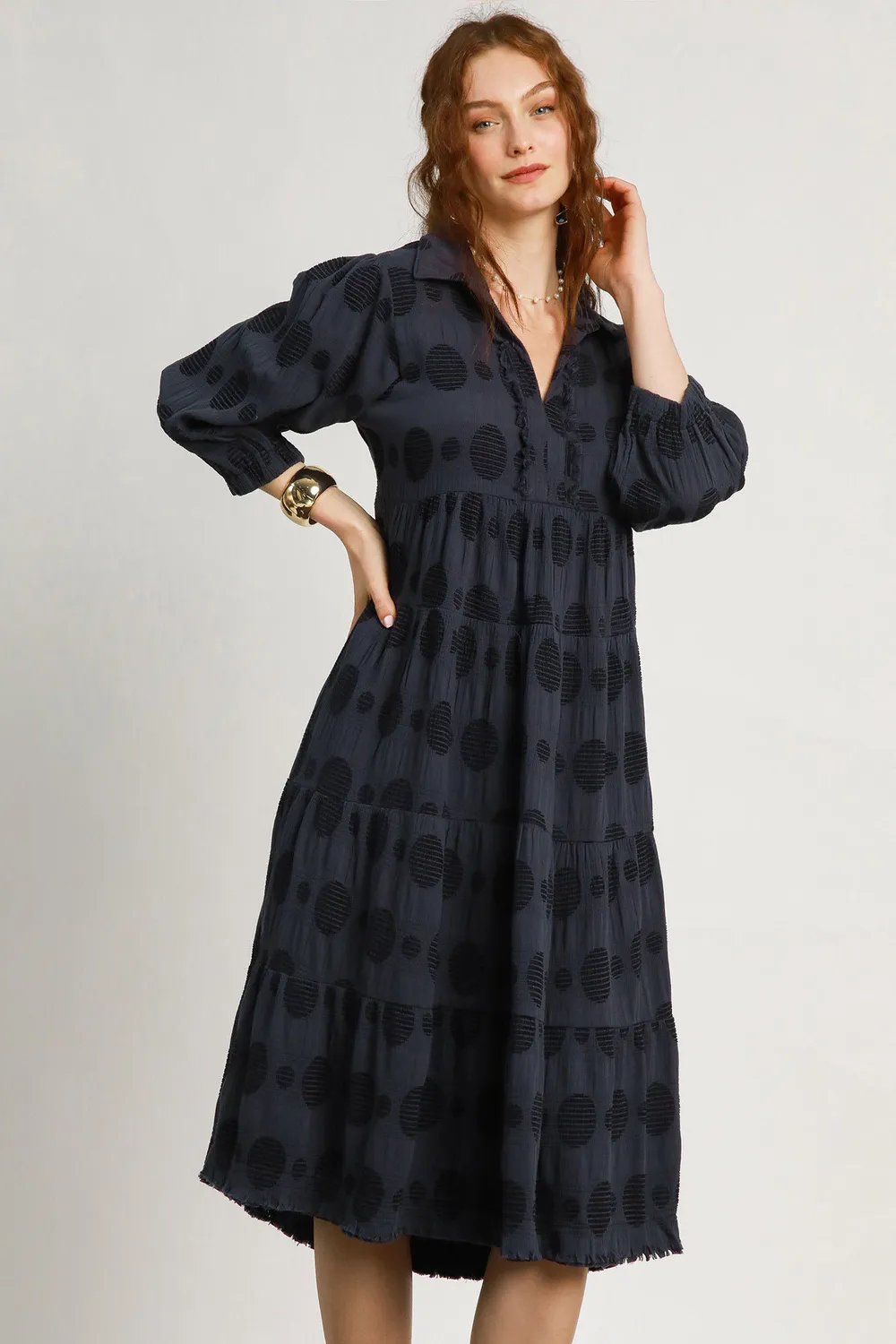 Full Size Solid Dotted Jacquard Midi Dress Plus Size - Dark Navy