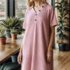 Full Size Solid Ribbed Mini Dress with Button Plus Size - Rose